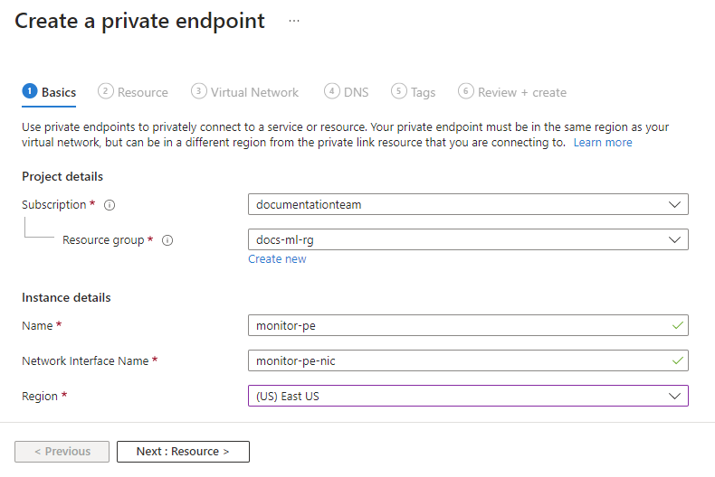 Screenshot delle nozioni di base sull'endpoint privato di Monitoraggio di Azure.