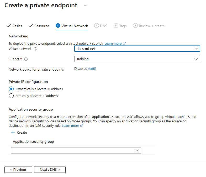 Screenshot del modulo di configurazione quando si aggiunge l'endpoint privato del file.