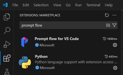 Screenshot delle estensioni del flusso Python e Prompt in Visual Studio Code.