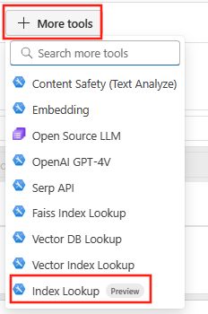 Screenshot del pulsante Altri strumenti e dell'elenco a discesa che mostra lo strumento Index Lookup in Azure Machine Learning Studio.