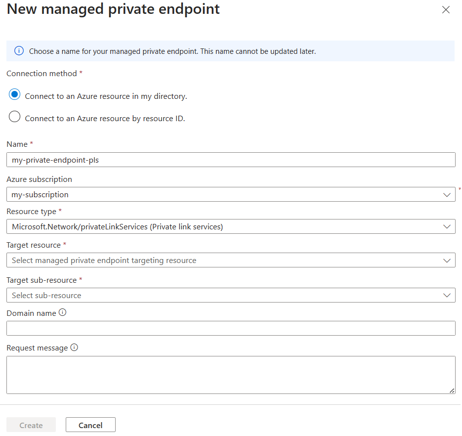 Screenshot del nuovo endpoint privato gestito del portale di Azure per i servizi di collegamento privato.