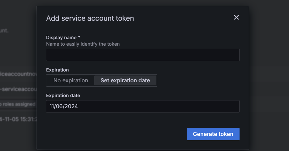 Screenshot della piattaforma Azure. Pagina Aggiungi token dell'account del servizio.