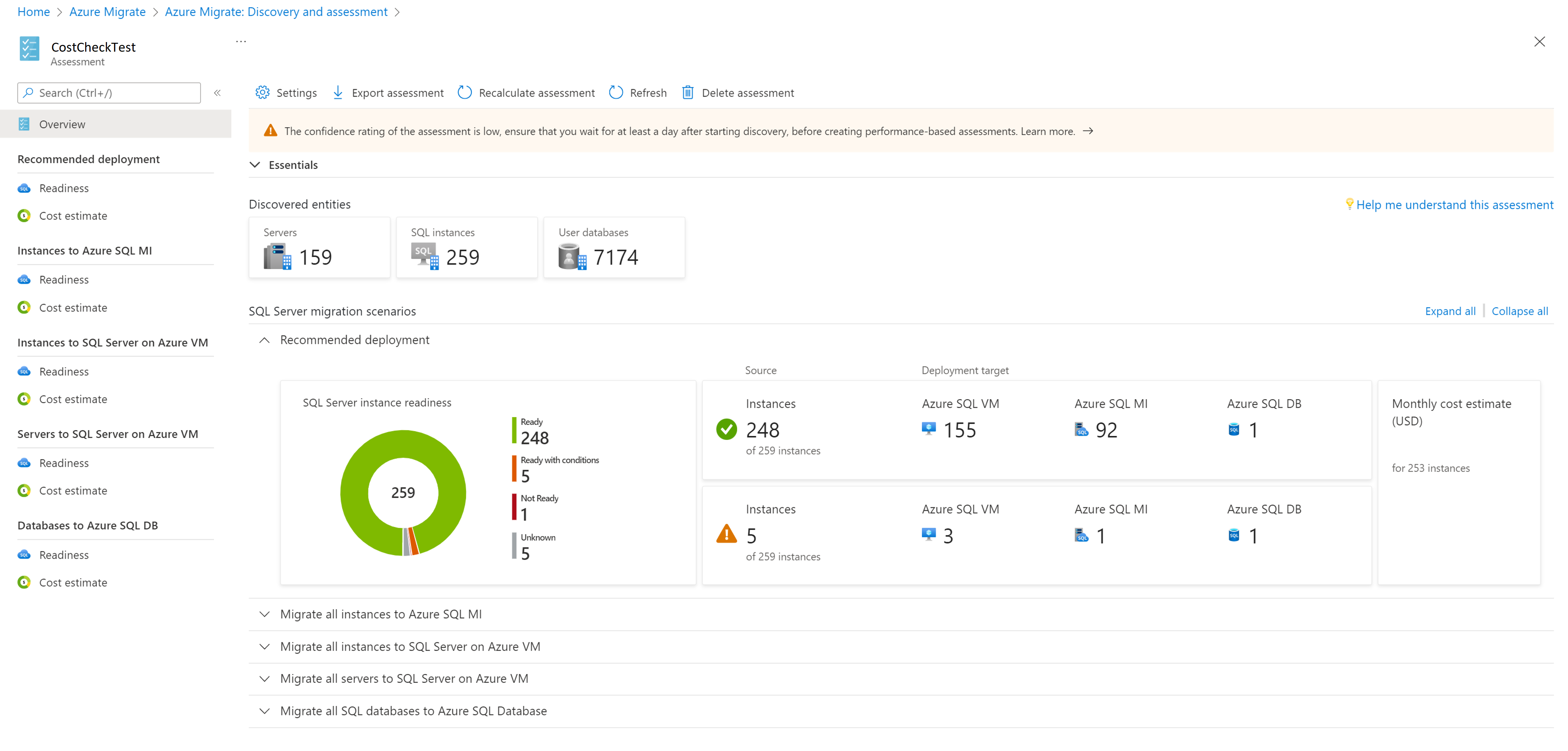 Screenshot della panoramica della valutazione SQL.