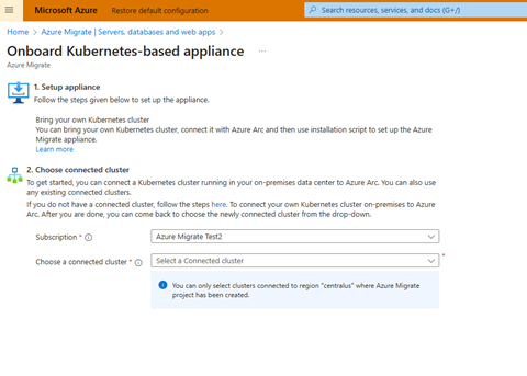 Screenshot che mostra l'opzione di scelta del cluster nella schermata onboarding dell'appliance Kubernetes.