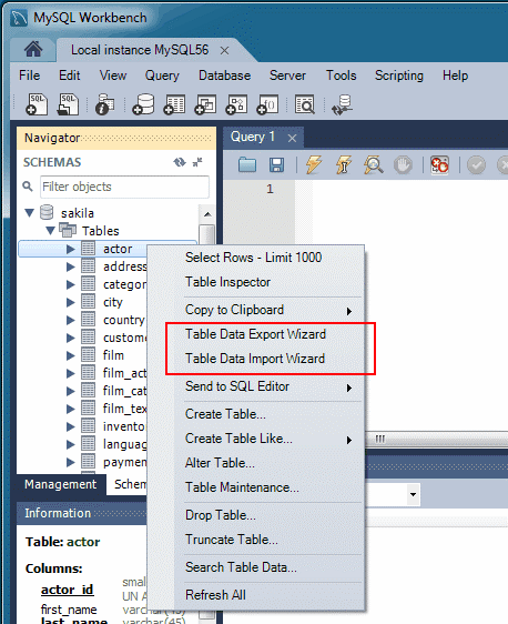 Screenshot dei comandi di esportazione e importazione guidata di MySQL Workbench nel menu di scelta rapida del visualizzatore oggetti.