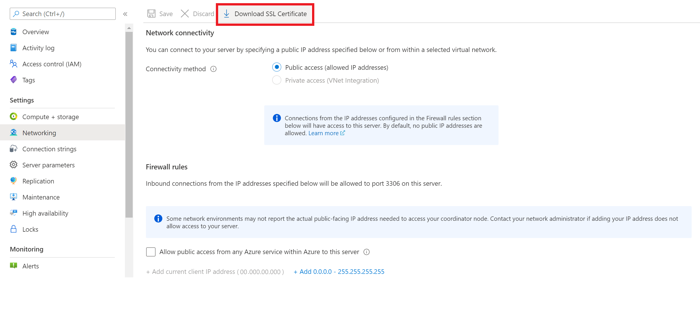 Screenshot che mostra come scaricare il certificato SSL pubblico dal portale di Azure.