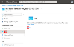 Screenshot che mostra come aprire la shell SSH per l'app dal portale di Azure.