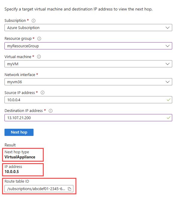 Screenshot che mostra l'appliance virtuale come hop successivo dopo l'applicazione di una route personalizzata.