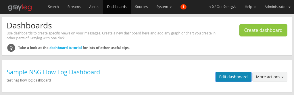 Screenshot che mostra i dashboard del server Graylog, con le opzioni per creare e modificare i dashboard.