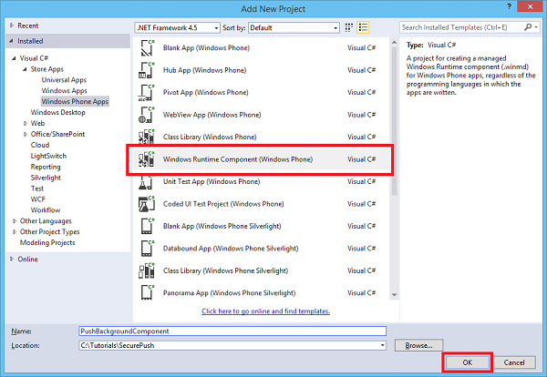 Screenshot della finestra di dialogo Aggiungi nuovo progetto con l'opzione Visual C# (Windows Phone) Componente Windows Runtime evidenziata.