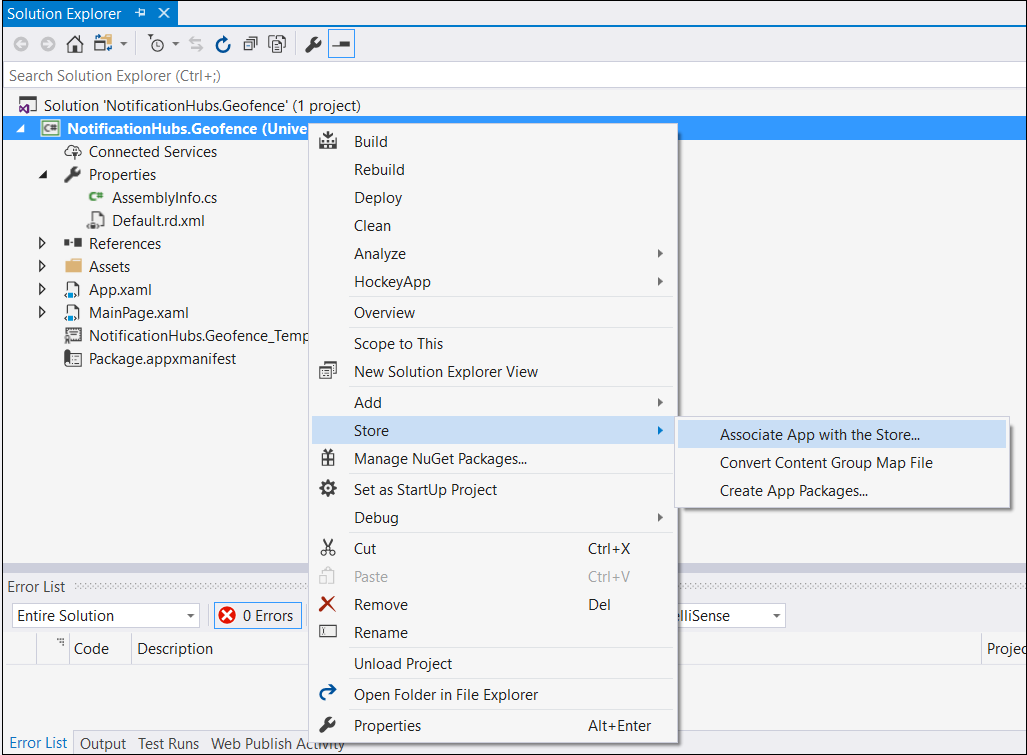 Screenshot del menu della soluzione accessibile facendo clic con il pulsante destro del mouse con le opzioni Store e Associa applicazione a Store evidenziate.