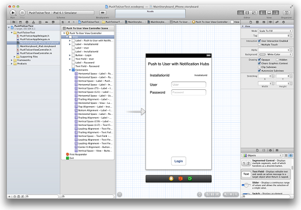 Screenshot dell'app MainStoryboard_iPhone.storyboard con i componenti aggiunti.