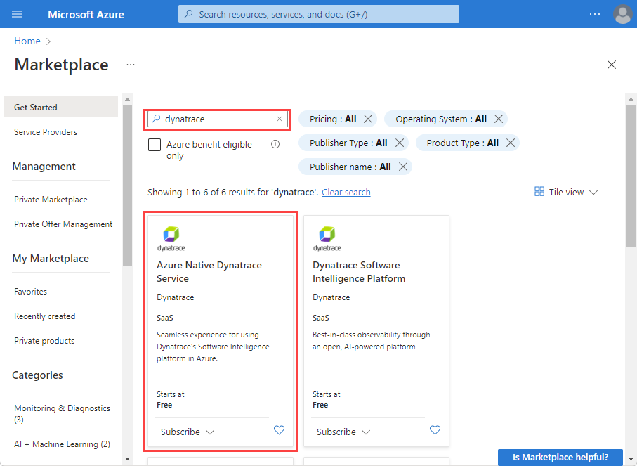 Screenshot che mostra l'offerta del servizio Dynatrace nativo di Azure.