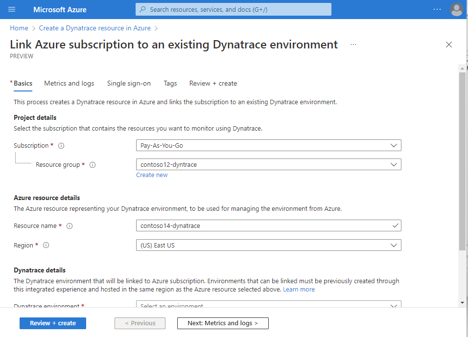 Screenshot in cui viene evidenziato il collegamento a un ambiente Dynatrace esistente.