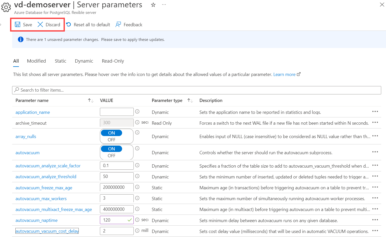 Screenshot del salvataggio o dell'eliminazione delle modifiche.