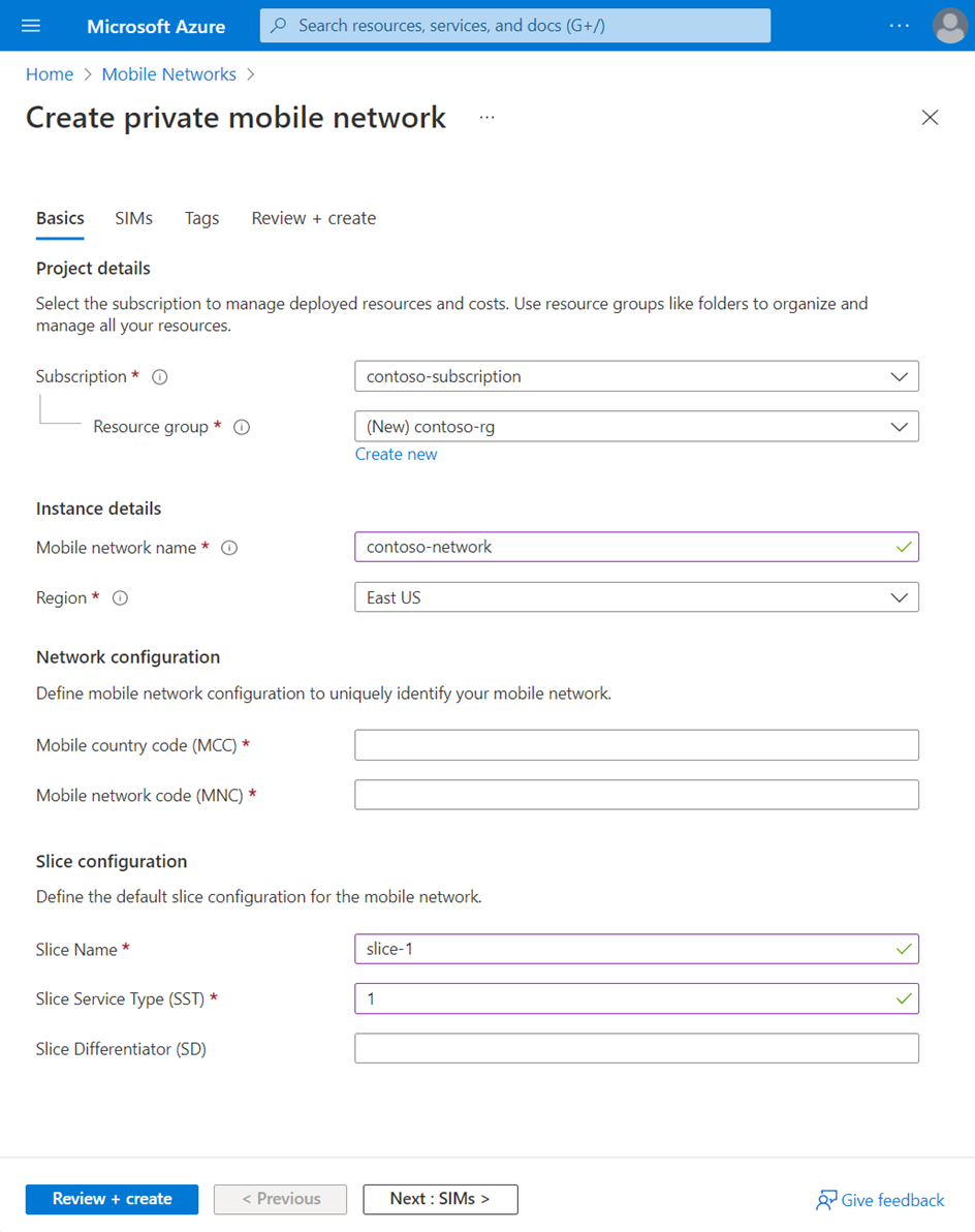 Screenshot della portale di Azure che mostra la scheda Configurazione informazioni di base.