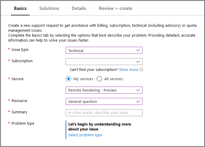 Azure portal support ticket fields