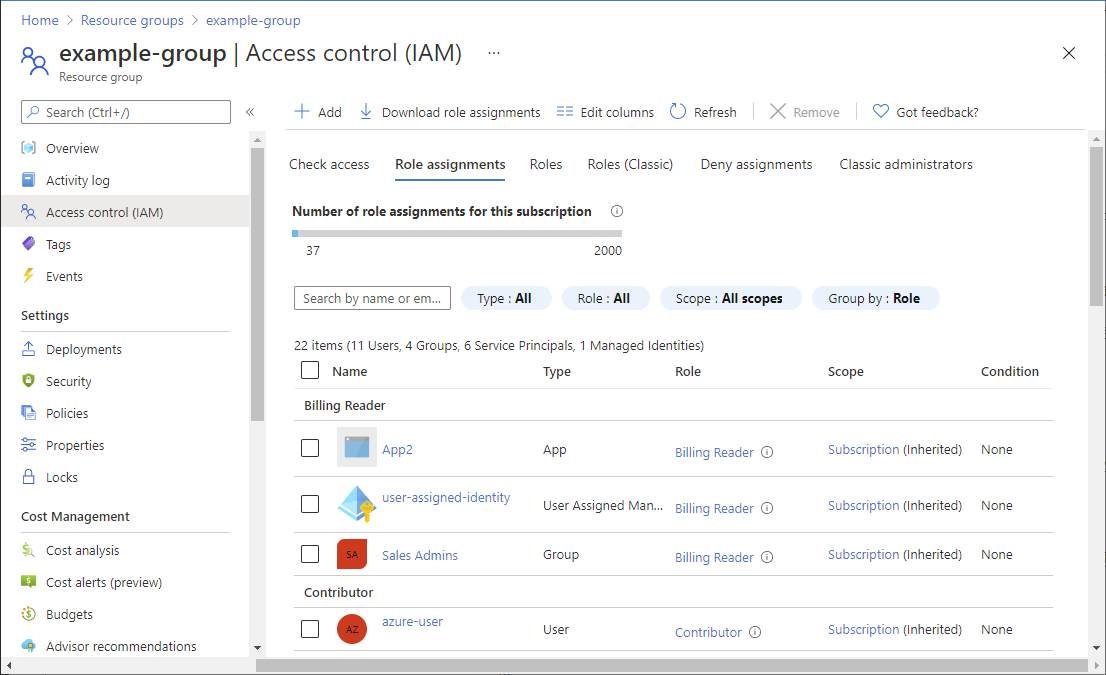 Pagina Controllo di accesso (IAM) per il gruppo di risorse