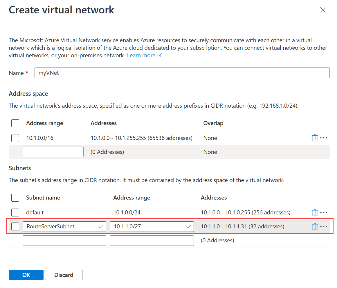 Screenshot della creazione di una rete virtuale e delle subnet.