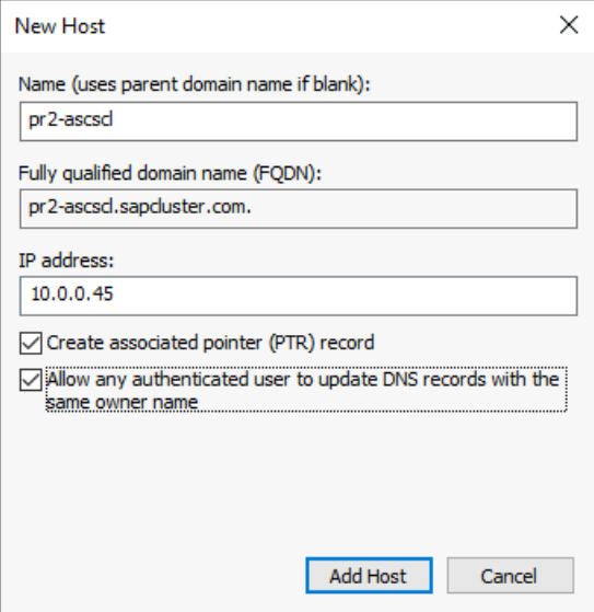 Screenshot che mostra le opzioni per la definizione di una voce DNS per il nome virtuale e l'indirizzo IP del cluster SAP ASCS/SCS.