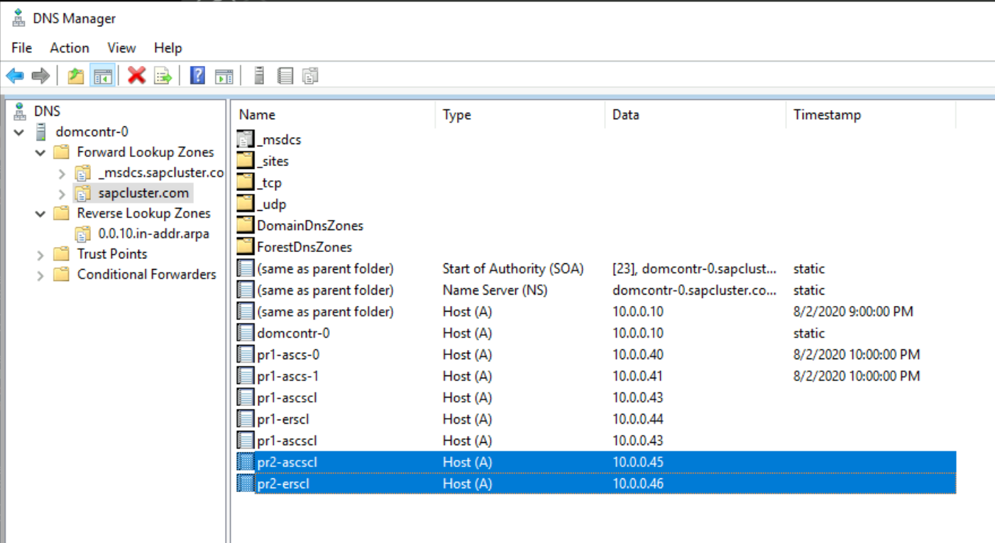 Screenshot che mostra un nuovo nome virtuale e un nuovo indirizzo IP per la configurazione del cluster SAP ASCS/SCS ed ERS2.