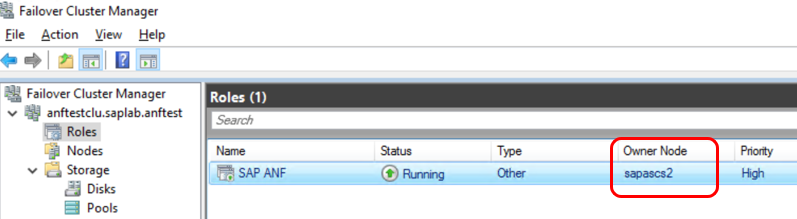 Figura 2: Risorse del cluster di failover di Windows Server in esecuzione nel nodo B dopo il test di failover