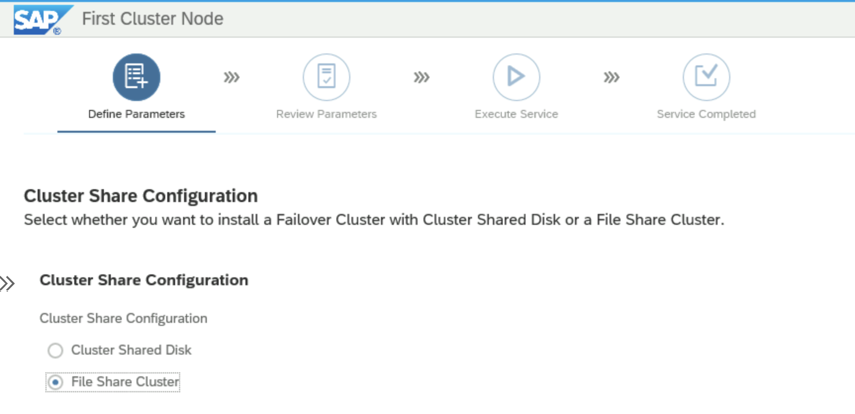 Screenshot della configurazione della condivisione cluster