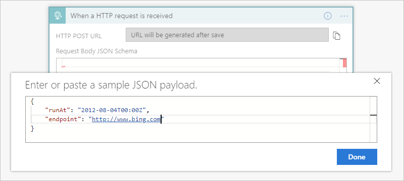 Screenshot che mostra un payload JSON di esempio.