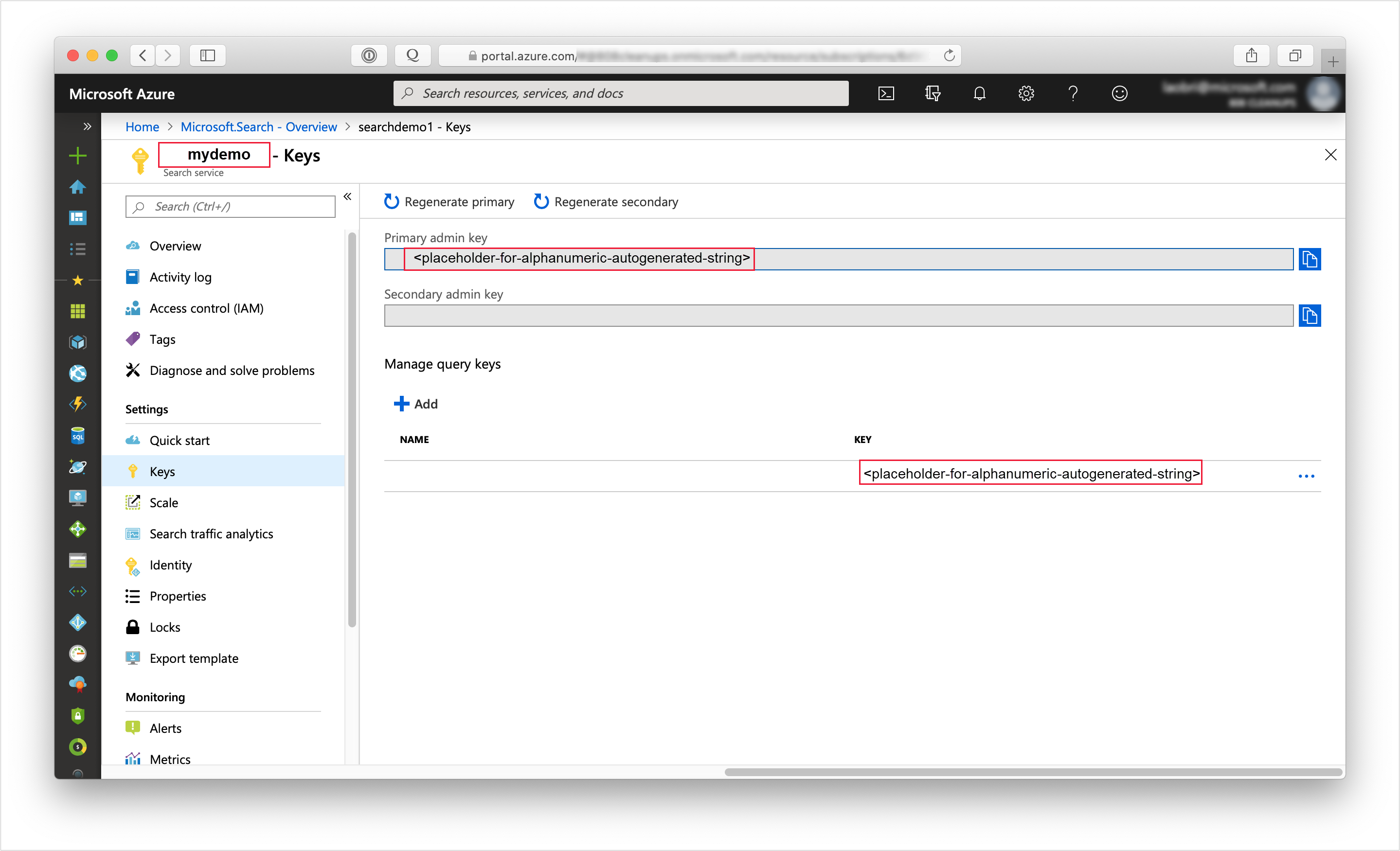 Ottenere il nome del servizio e le chiavi amministratore e di query