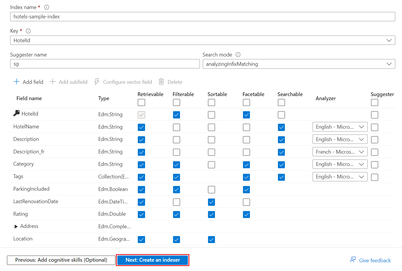 Screenshot che mostra la definizione dell'indice generato per l'origine dati hotels-sample nella procedura guidata Importa dati.