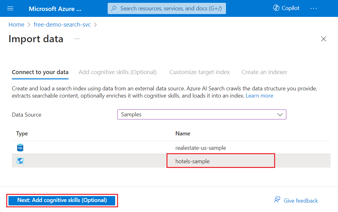 Screenshot che mostra come selezionare l'origine dati hotels-sample nella procedura guidata Importa dati.