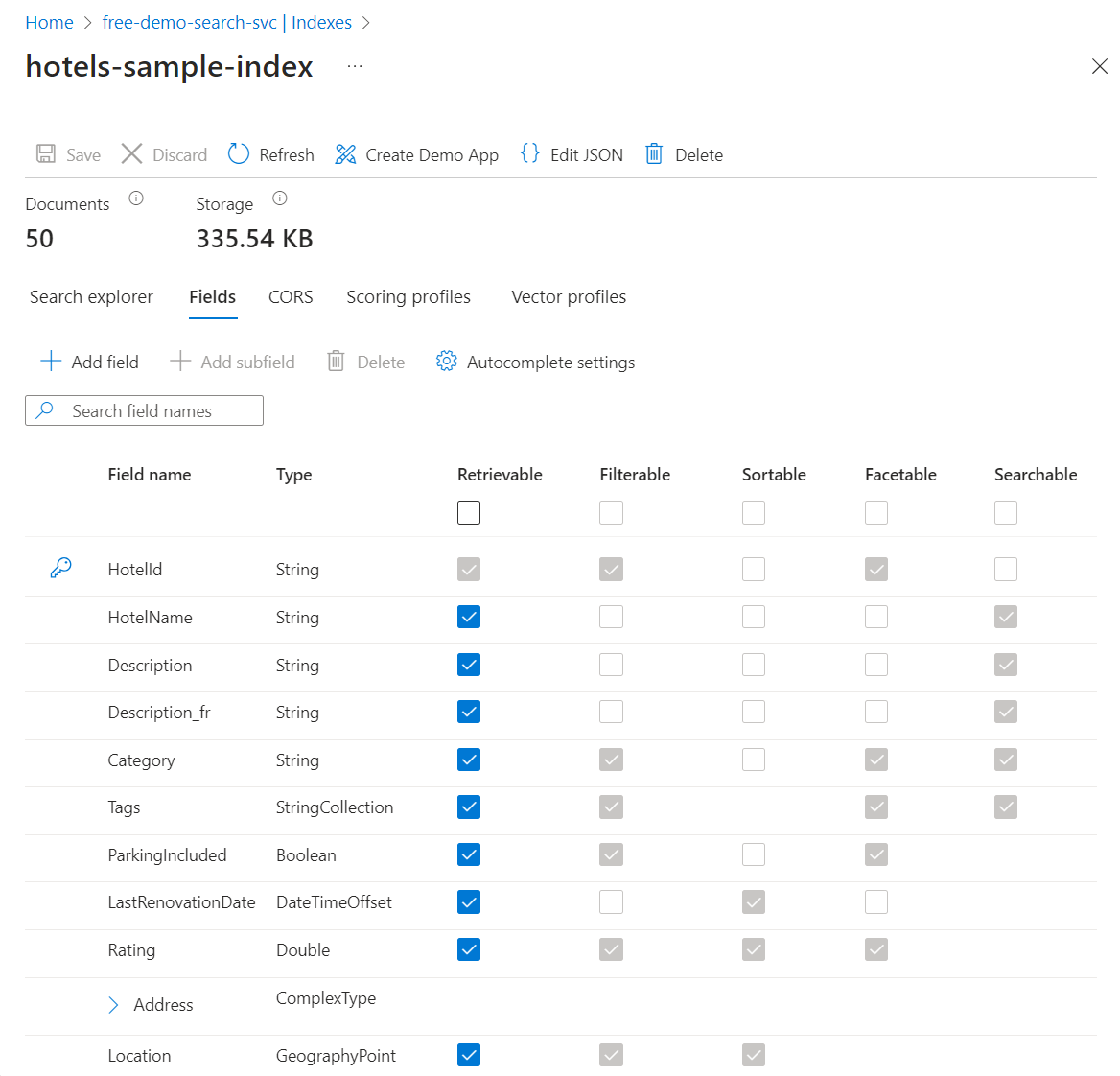 Screenshot che mostra la definizione dello schema per un indice nel servizio Azure AI Search nel portale di Azure.