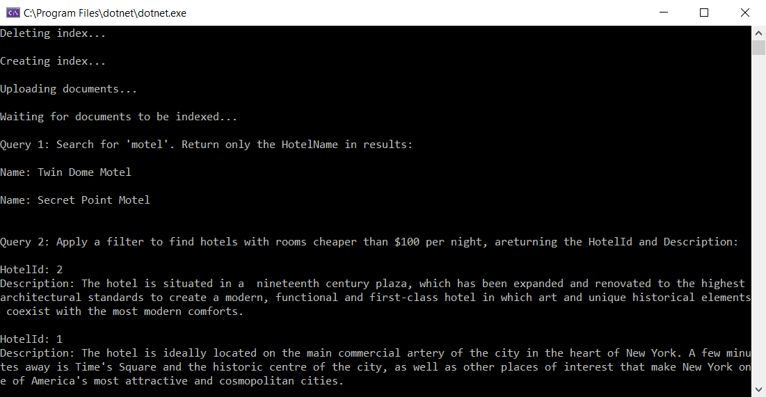 Screenshot dell'output Console.WriteLine del programma di esempio.