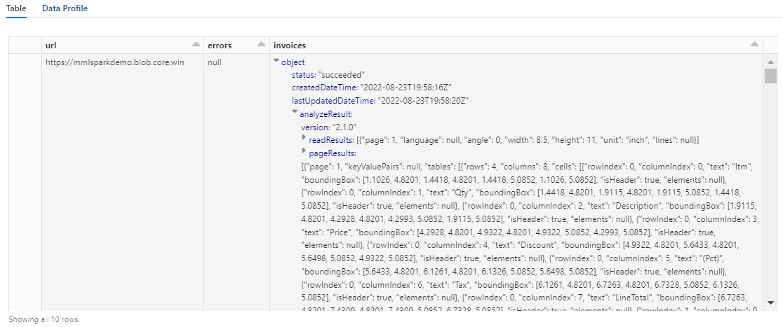 Screenshot dell'output AnalyzeInvoices.