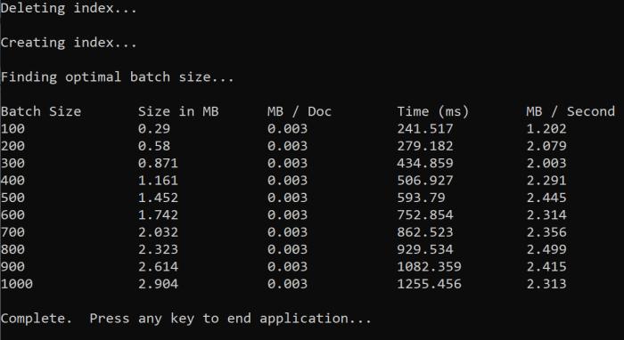 Screenshot dell'output della funzione di dimensioni batch di test.