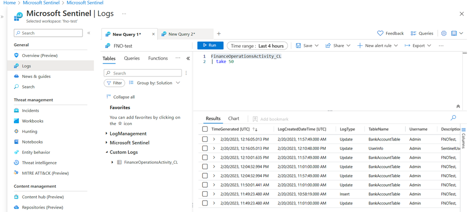 Screenshot della visualizzazione di un nuovo incidente di Finance and Operations in Microsoft Sentinel.