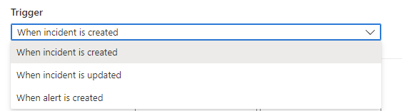 Screenshot della selezione del trigger di creazione o aggiornamento degli incidenti.
