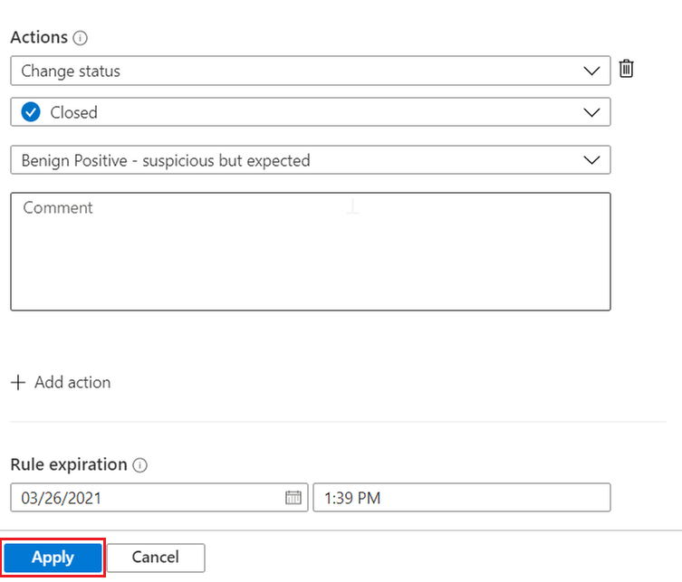 Screenshot che mostra come completare la creazione e l'applicazione di una regola di automazione in Microsoft Sentinel.