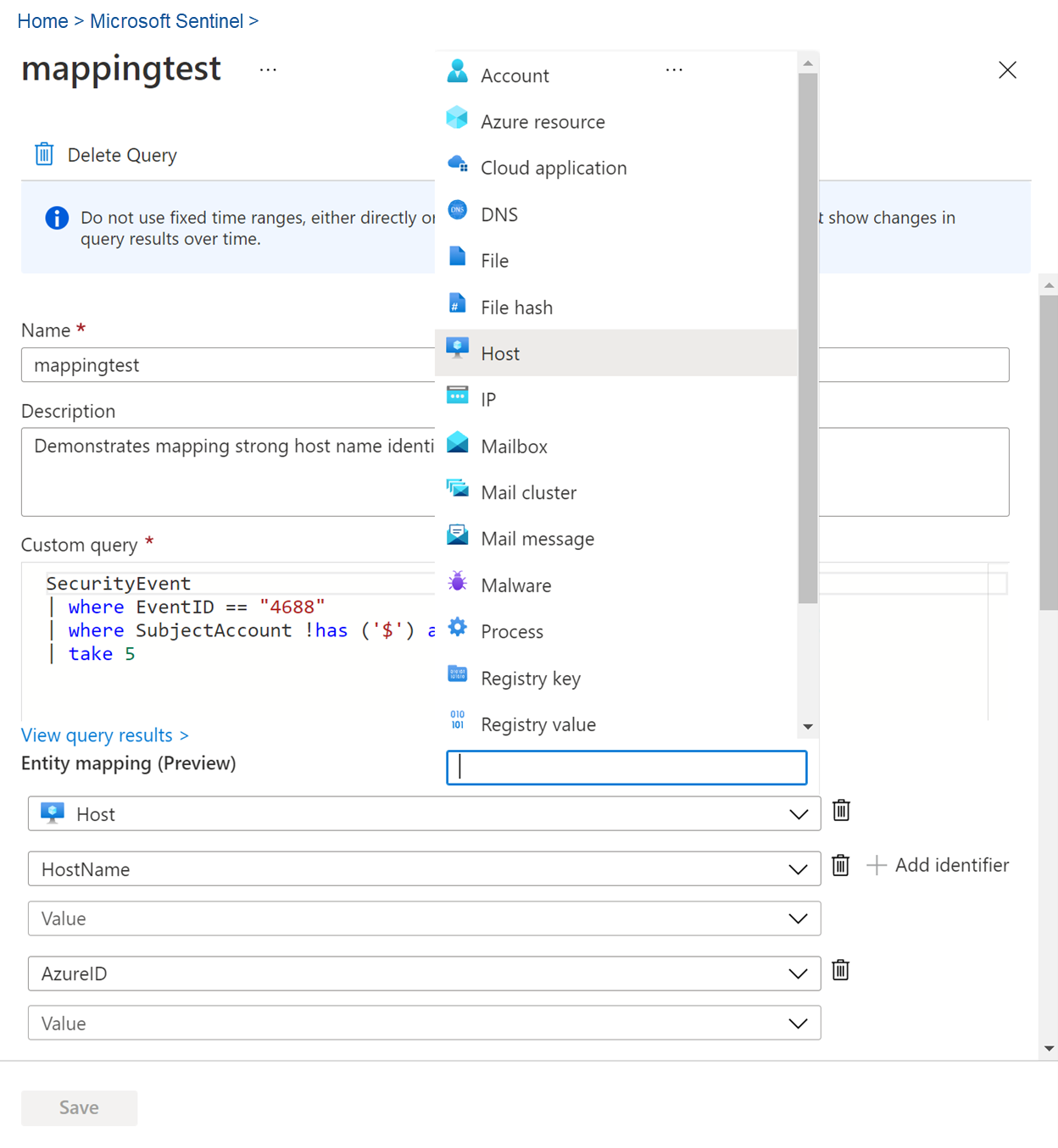 Screenshot per il mapping dei tipi di entità nelle query di ricerca.