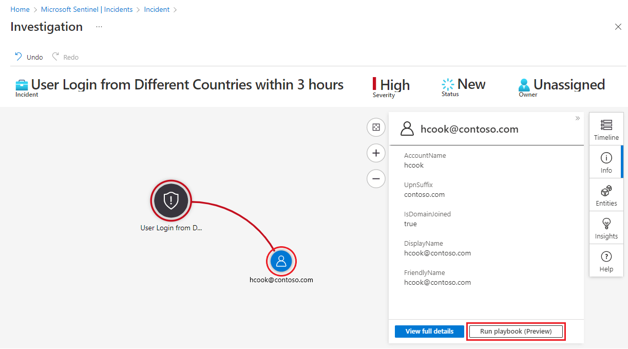 Screenshot della selezione di un'entità dal grafico di indagine per eseguire un playbook.