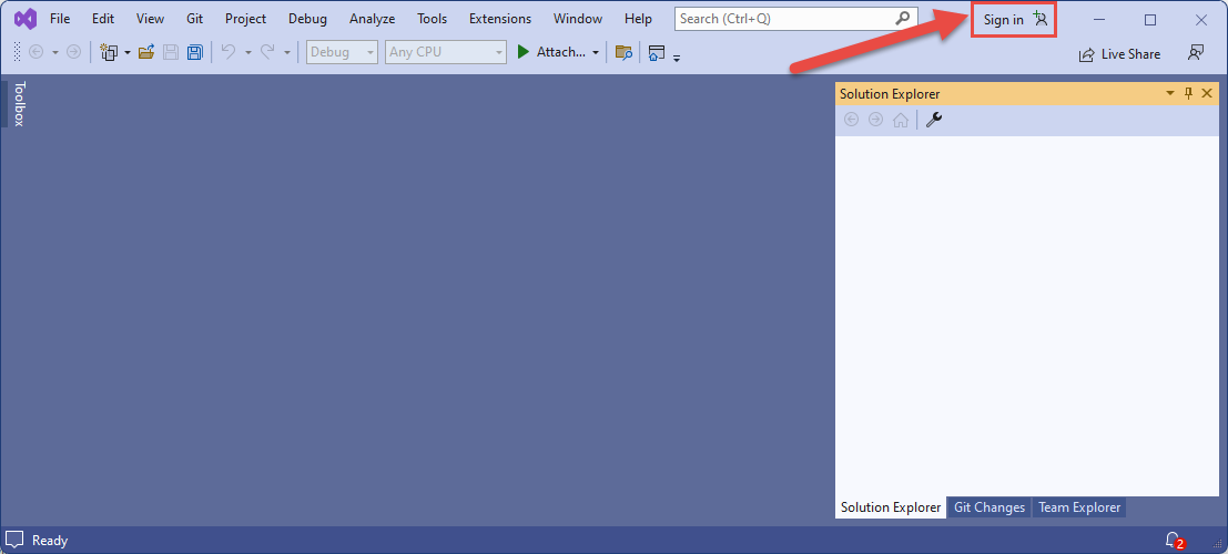 Screenshot che mostra il pulsante per accedere ad Azure con Visual Studio.