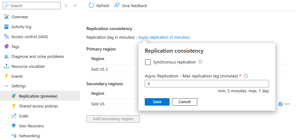 Screenshot che mostra come aggiornare la configurazione della funzionalità di replica geografica.