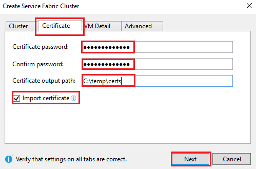 Screenshot che mostra la scheda Certificato della finestra di dialogo Crea cluster di Service Fabric.