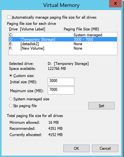 Impostazioni del file di paging nella macchina virtuale di Azure