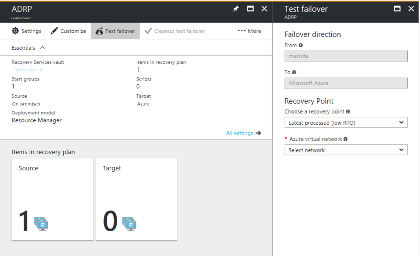 Screenshot della pagina Failover di test nel portale di Azure.