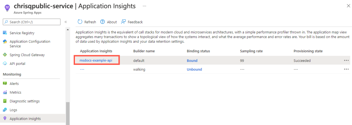 Screenshot del portale di Azure che mostra l'istanza di Azure Spring Apps con la pagina Application Insights.