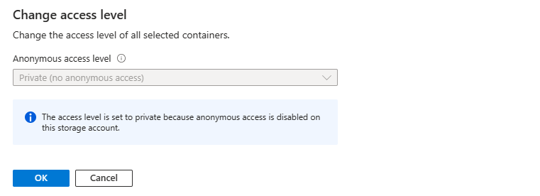 Screenshot che mostra che l'impostazione del livello di accesso anonimo di un contenitore viene bloccata quando l'accesso anonimo non è consentito per l'account