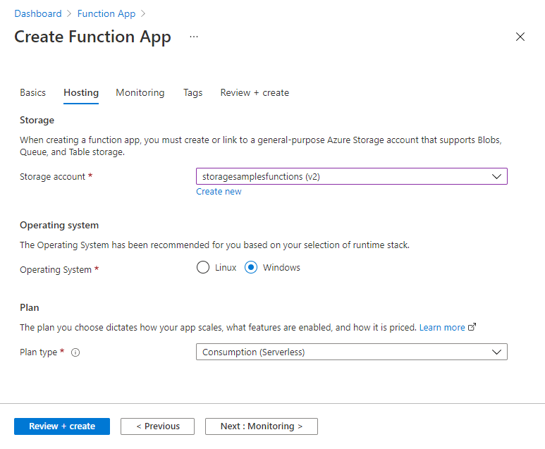 Screenshot che mostra come creare una nuova app per le funzioni in Azure - Scheda Hosting