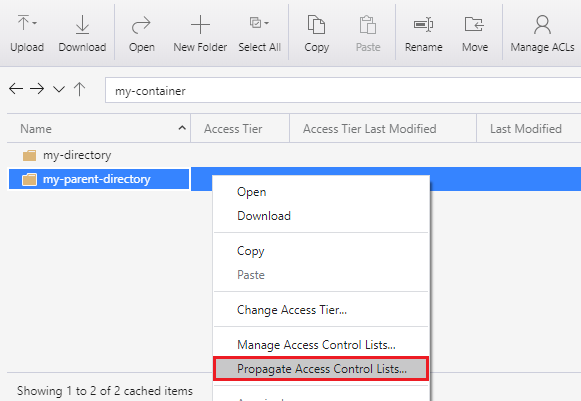 Fare clic con il pulsante destro del mouse su una directory e scegliere l'impostazione propaga il controllo di accesso