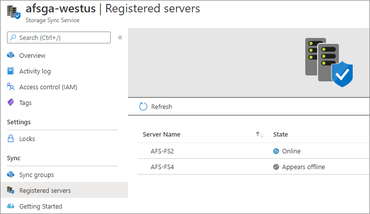 Screenshot che mostra la pagina dei server registrati con nome e stato del server.